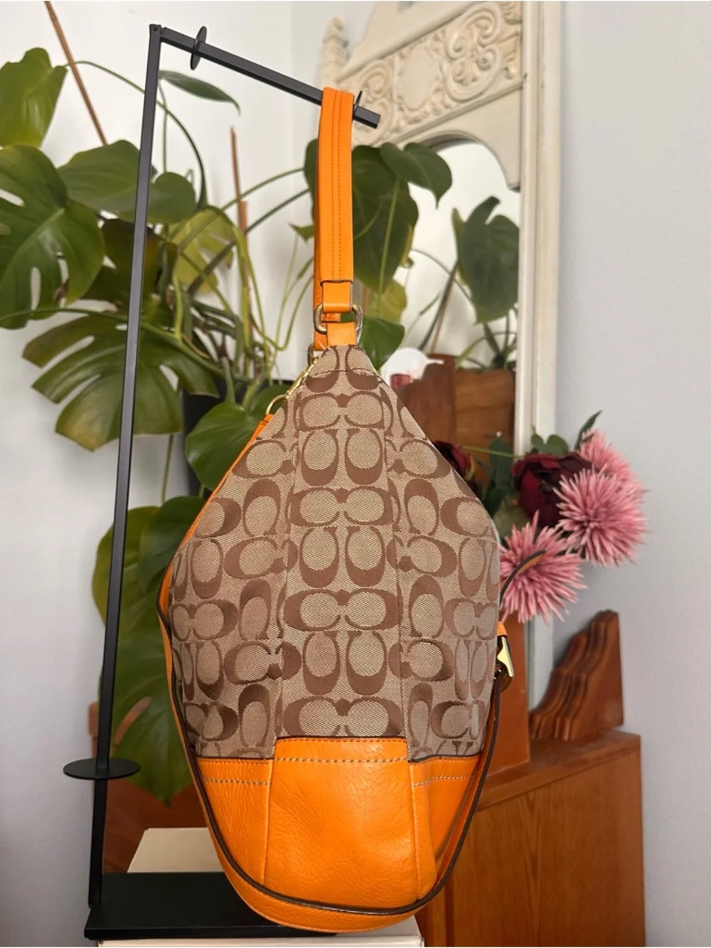 Coach Brown Signature Canvas Hobo with Orange Leather Trim